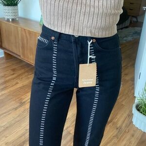 Reformation Cynthia High Rise Straight Long Jeans Black Saddle Stitch